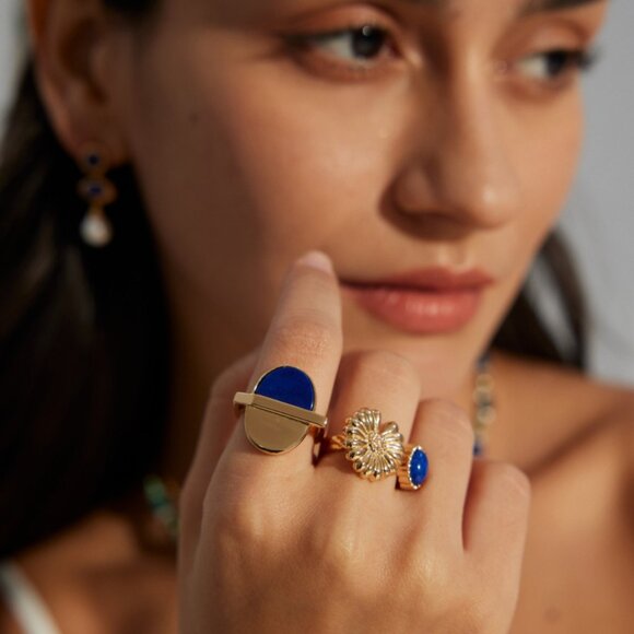 🌼 Artisan Original Daisy & Lapis Lazuli Bypass Ring | S925 Gold Adjustable - Picture 8 of 9